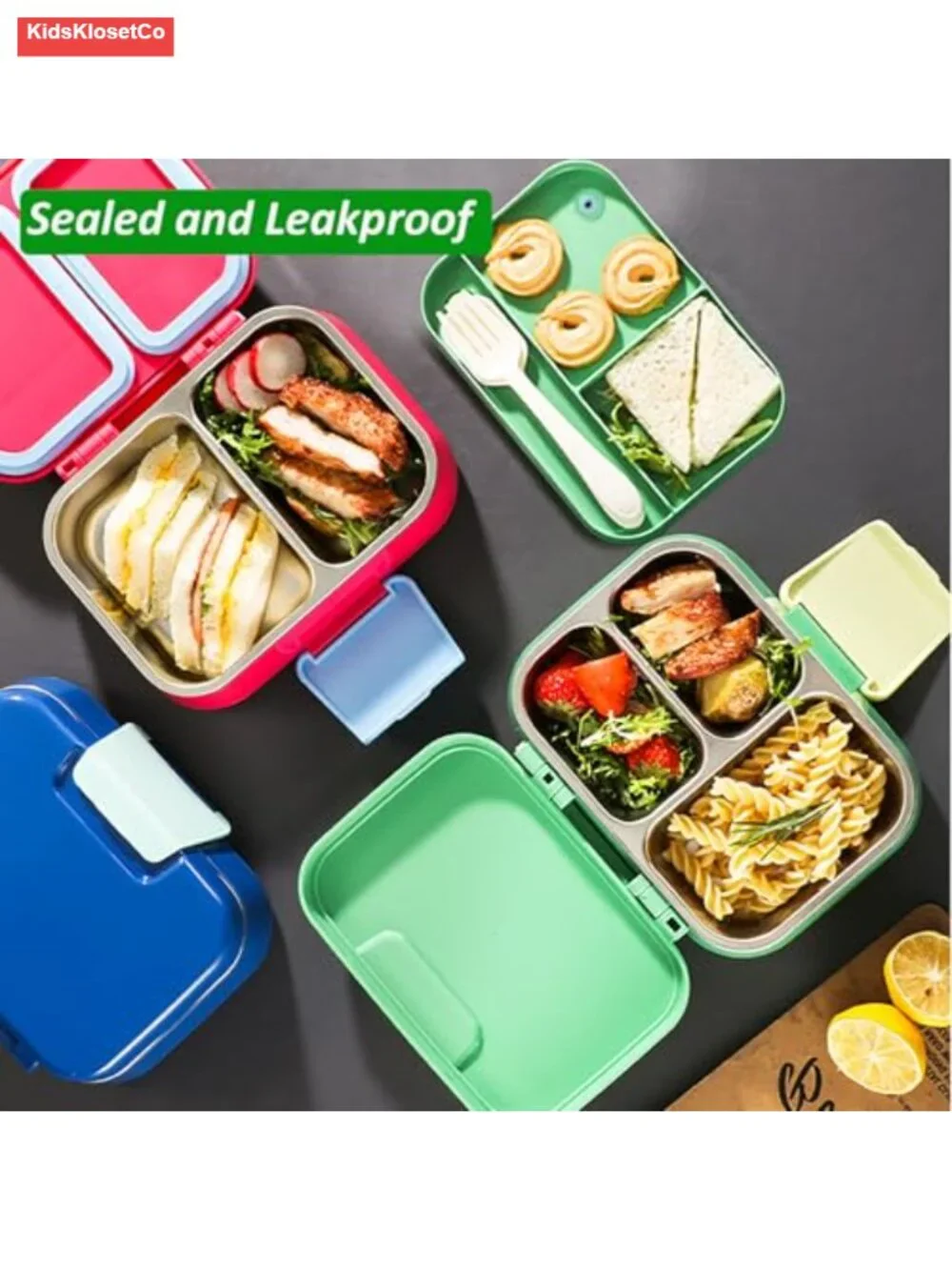 Kids Stainless Steel Bento Box Leakproof Double Layer 3 Compartment Lunch